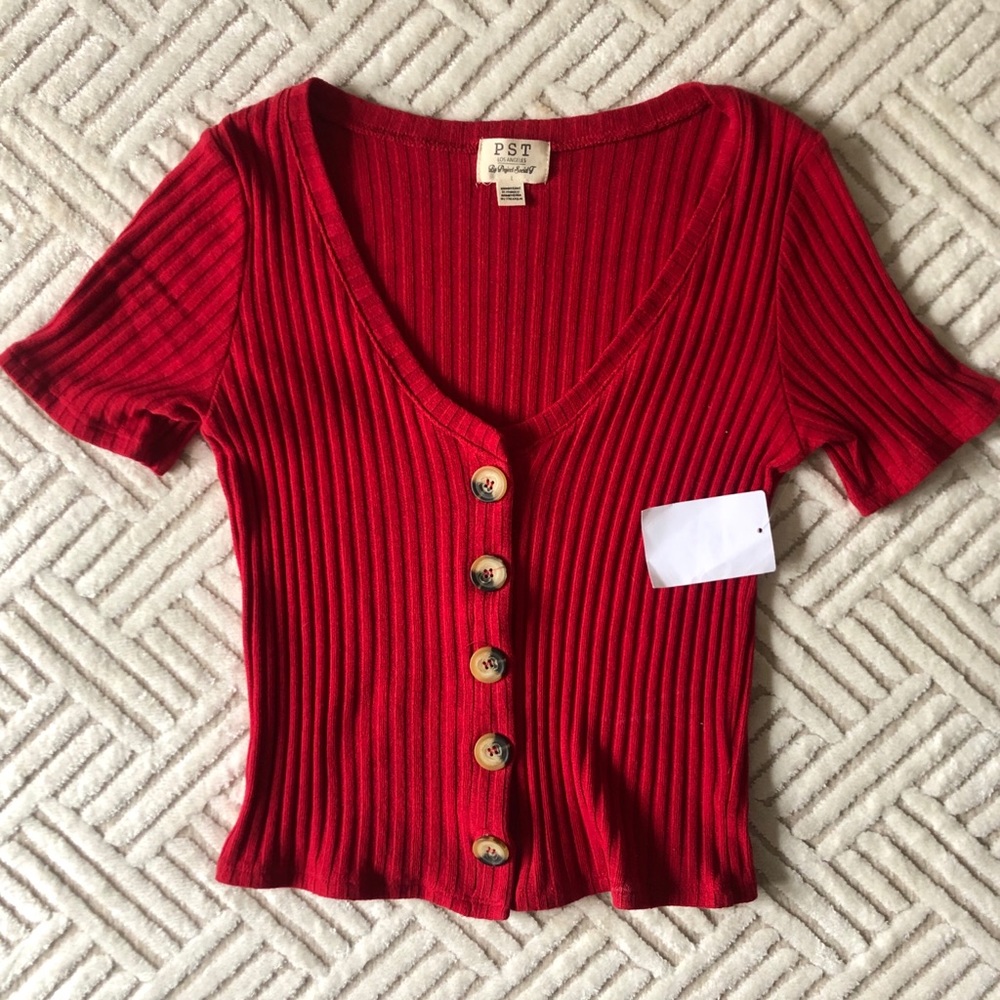 Project Social T Red Button Down Ribbed Crop Top Tee Summer Staple